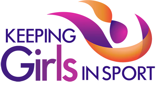 Keeping Girls in Sport logo purple and orange stylized head and arms